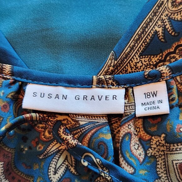 ❤️ 4/$20 Susan Graver top Women's 18W Teal tan paisley Keyhole tie 3/4 sleeve - Picture 12 of 13